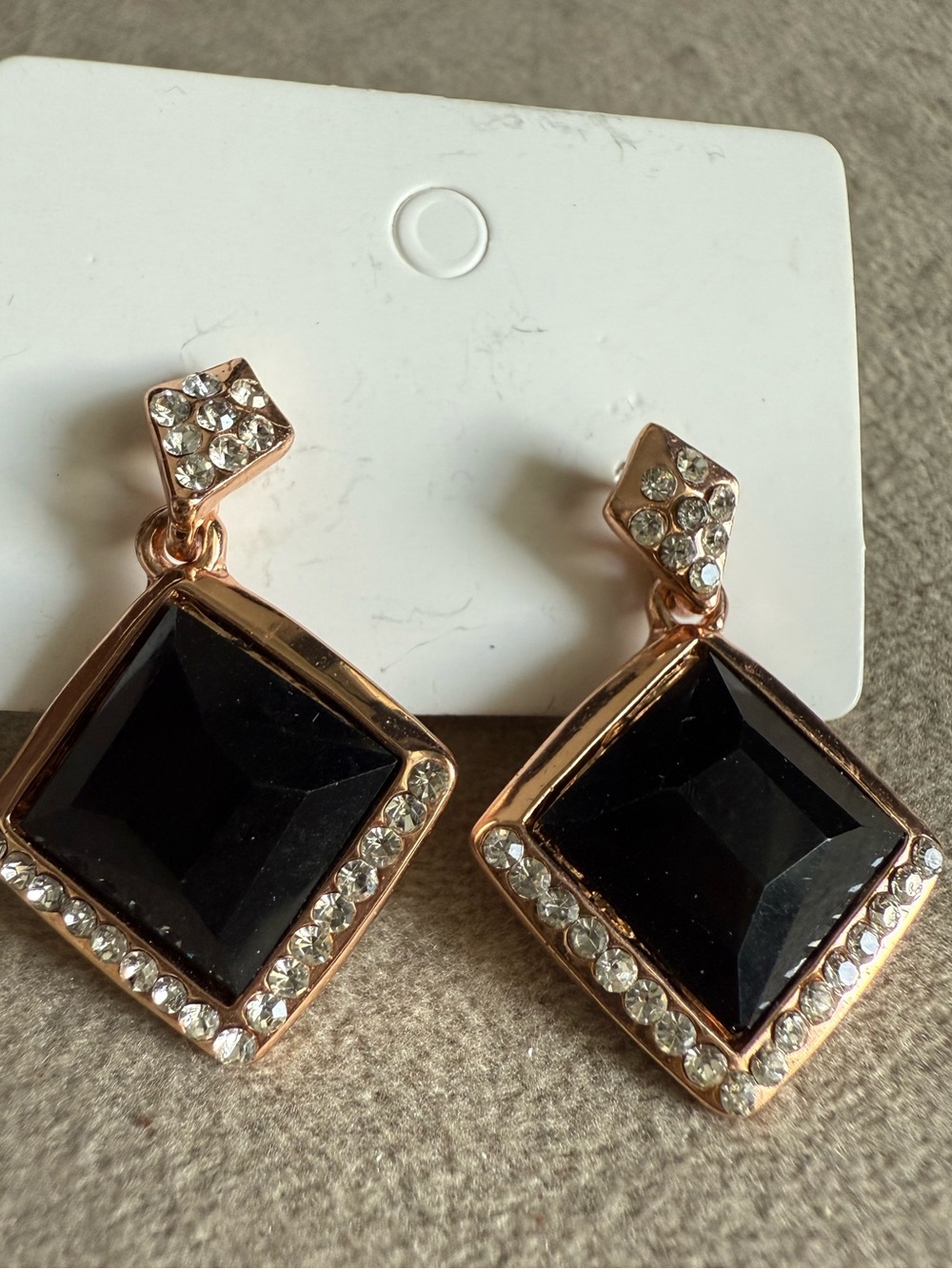 Rose Gold Drop Earrings with Black Stone and Clear Crystals